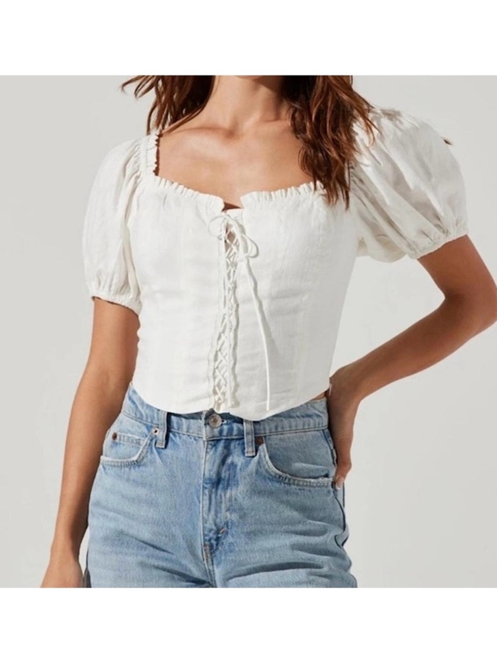 Astr The Label white linen corset top.